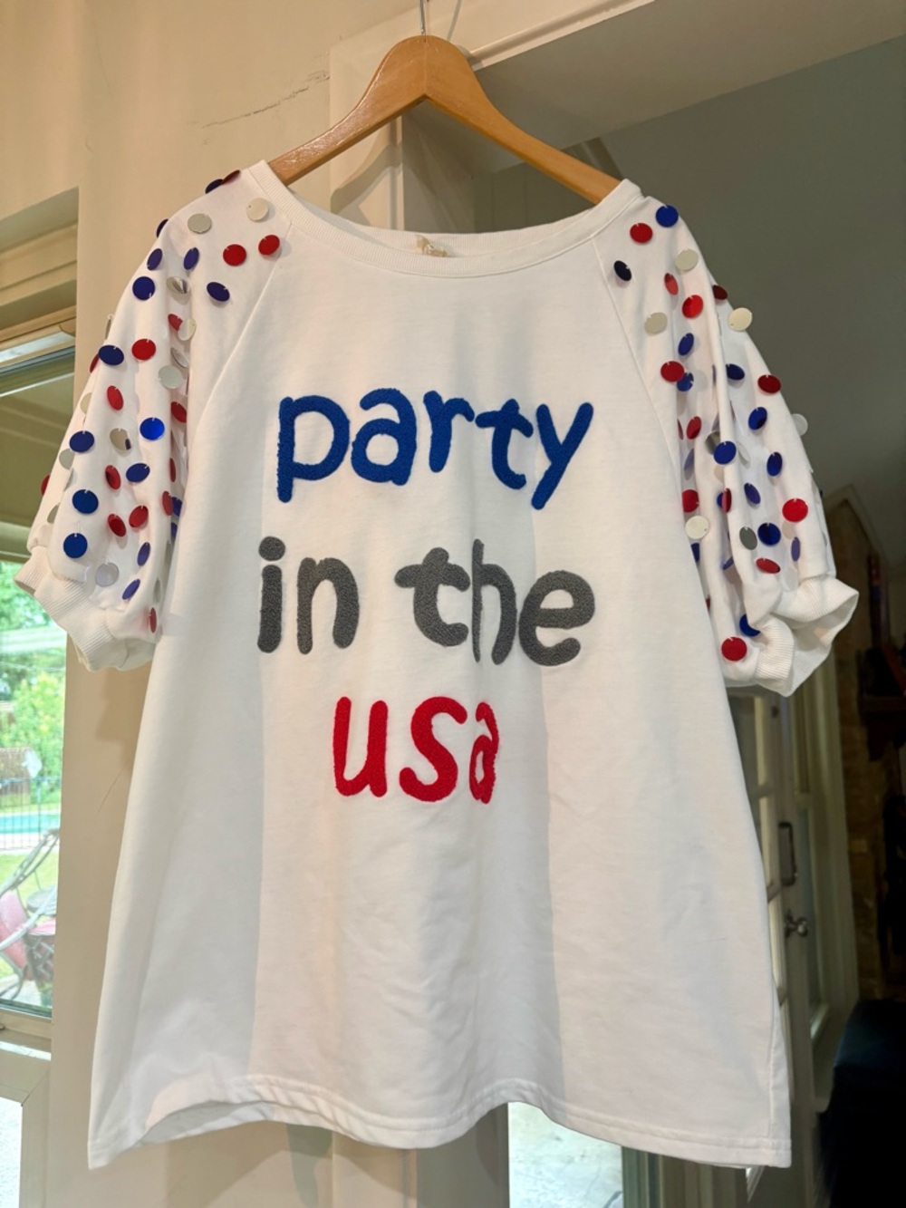 Party in the USA White Tee with Red, Blue & Gray Lettering